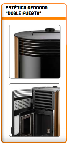 Todo ello en una estufa de diseño moderno con estética redondeada y doble puerta, acabada en elegante color bronce, perfecta para integrarse en cualquier salón o estancia.